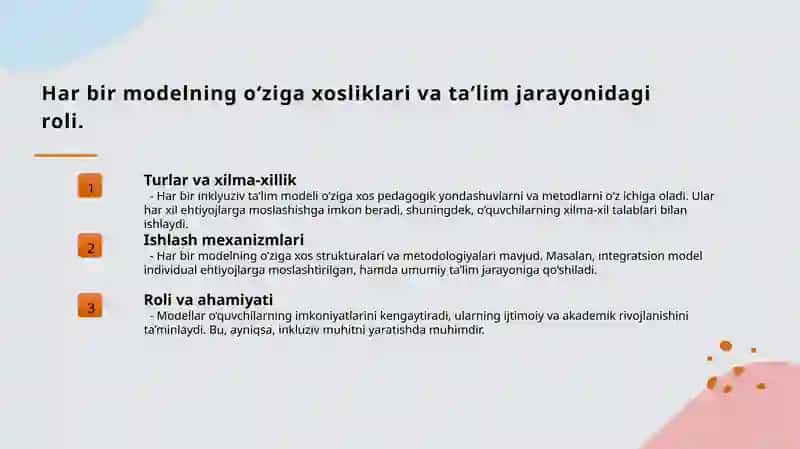 Inklyuziv ta’lim modellari, tahlili va xususiyatlari 4