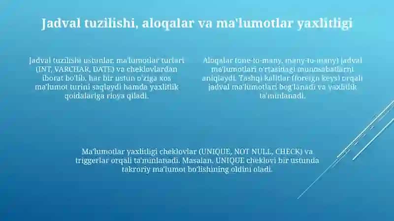 Relatsion ma'lumotlar bazalarini loyihalash va boshqarish 4