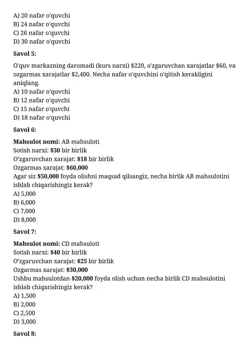 Xarajat va Foyda tahlili 4