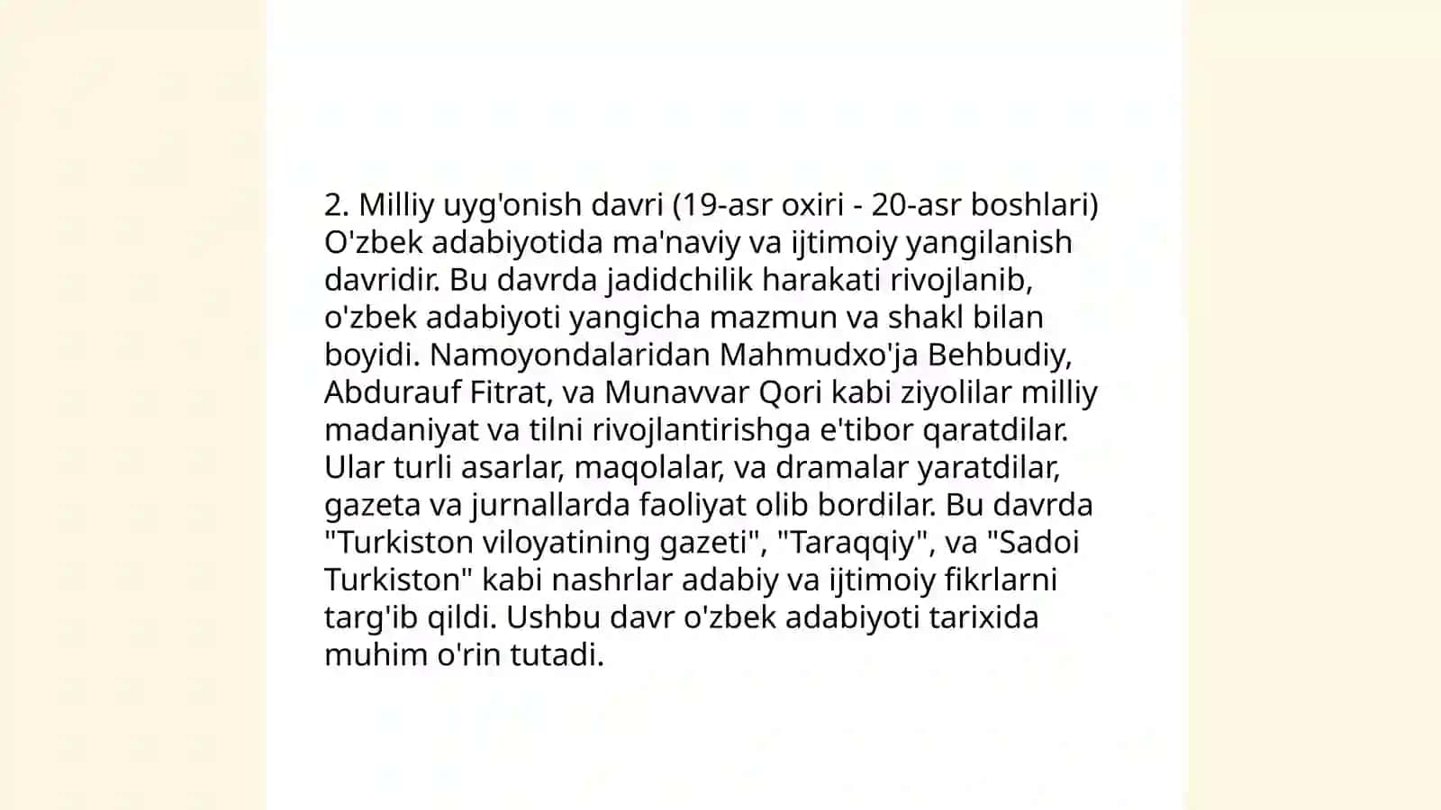 O'zbek bolalar adabiyoting vujudga kelishi va taraqqiyot xususiyatlari.Milliy uyg'onish harakati va uning o'zbek bolalar adabiyotini yuzaga keltirishdagi roli 4