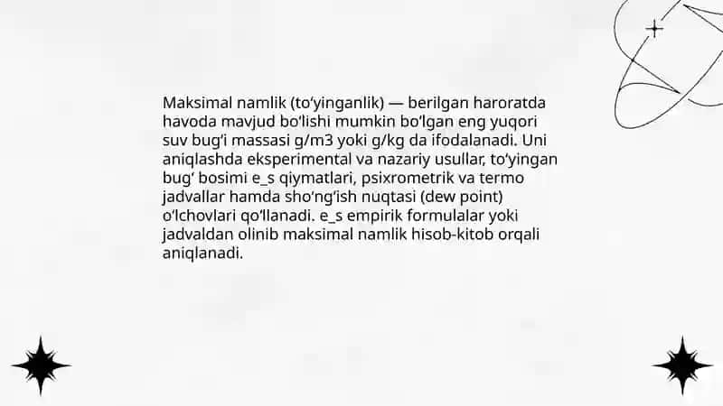Havo namligini aniqlash usullari. Assman psixrometri yordamida havo namligini aniqlash. 4