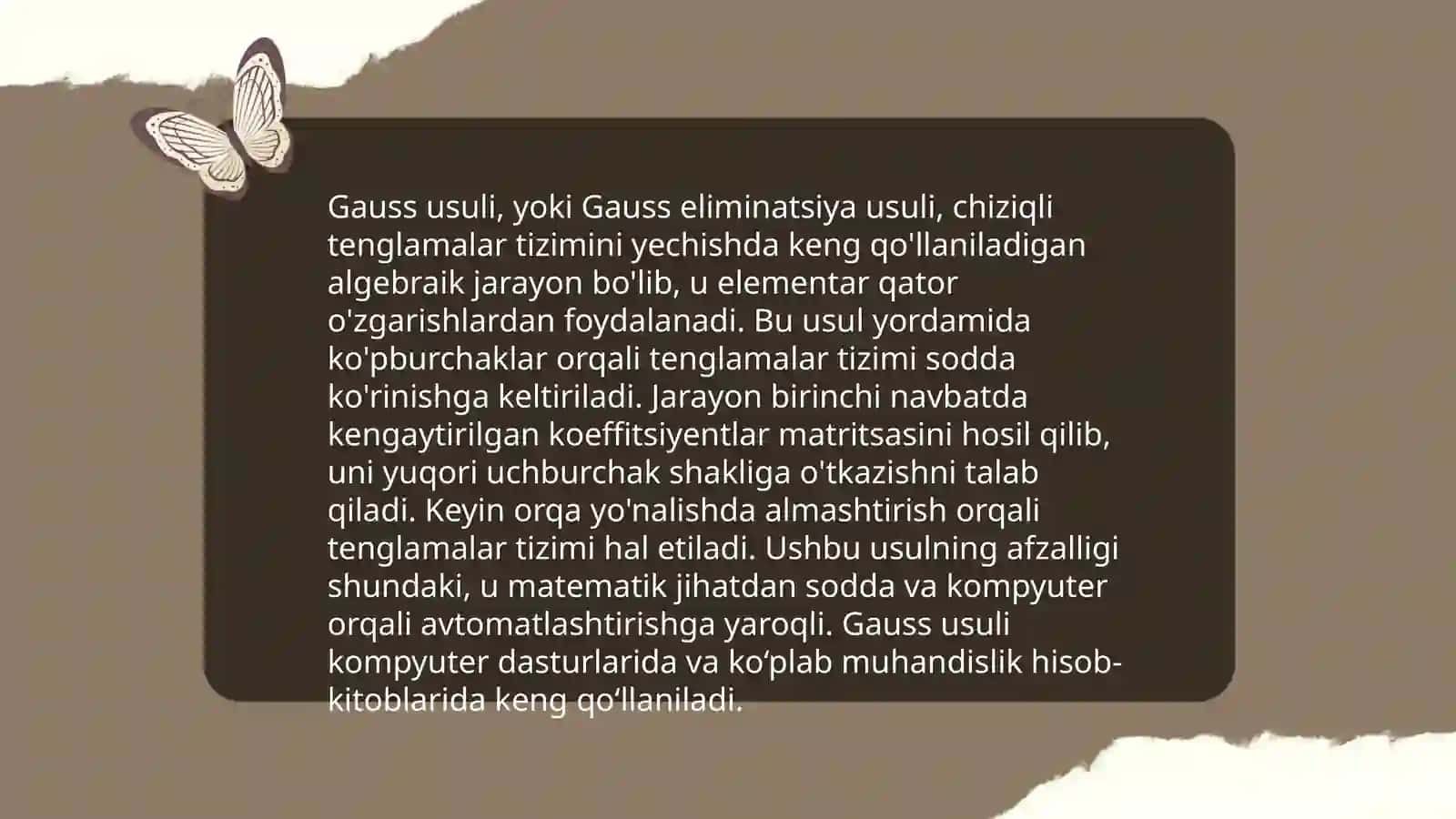 Chiziqli tenglamalar sistemasini yechishning Gouss usuli. Kramer usuli va teskari matritsalar yordamida yechish usuli 4