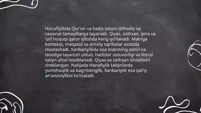 Hanafiylik va Xanbariylik mazhabining oʻzaro farqlari 4