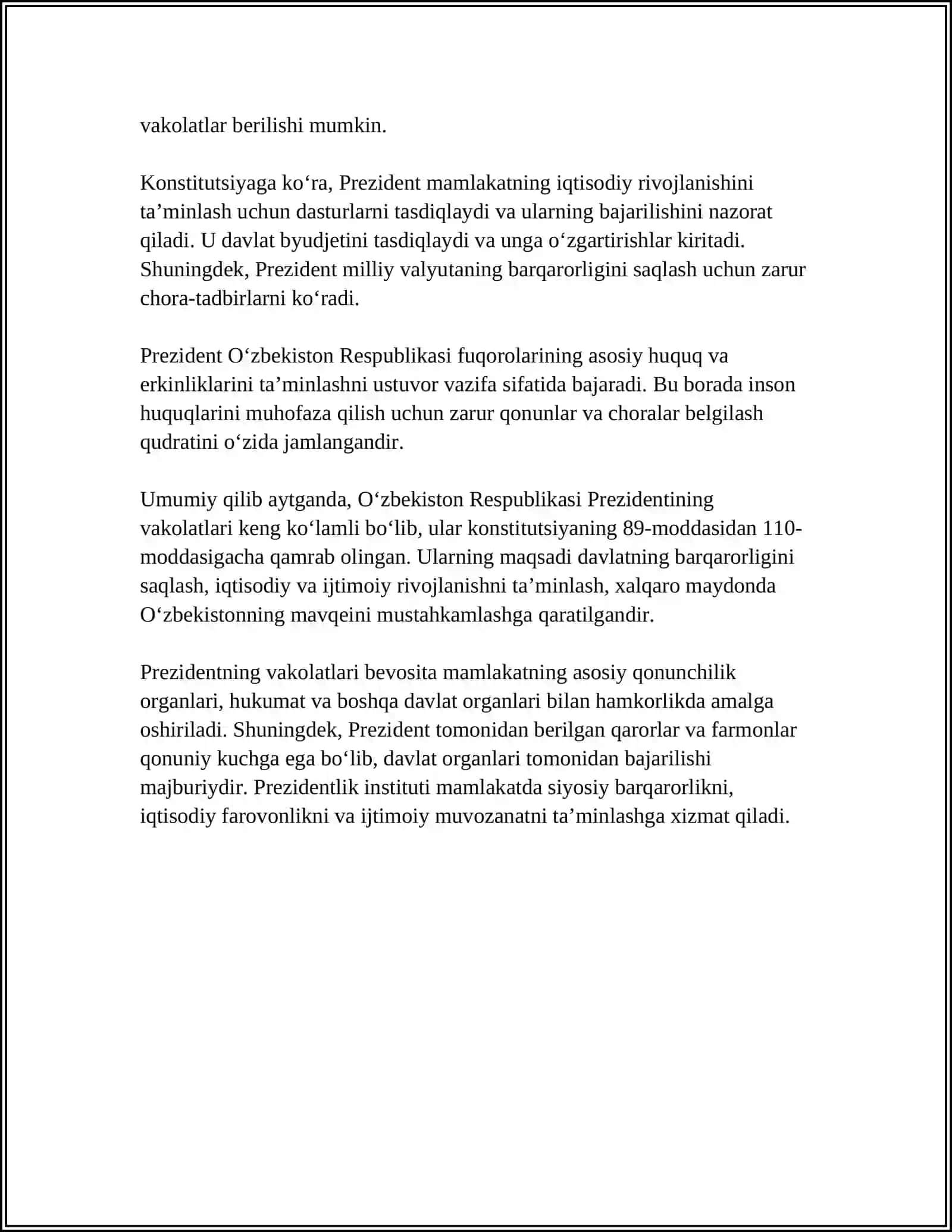 Oʻzbekiston Respublikasi Prezidentining vakolatlari 4