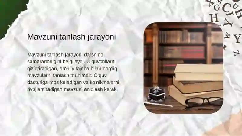 O’quv tajriba maydonida o’tkaziladigan biror mavzuga bir soatlik dars ishlanma yozish 4