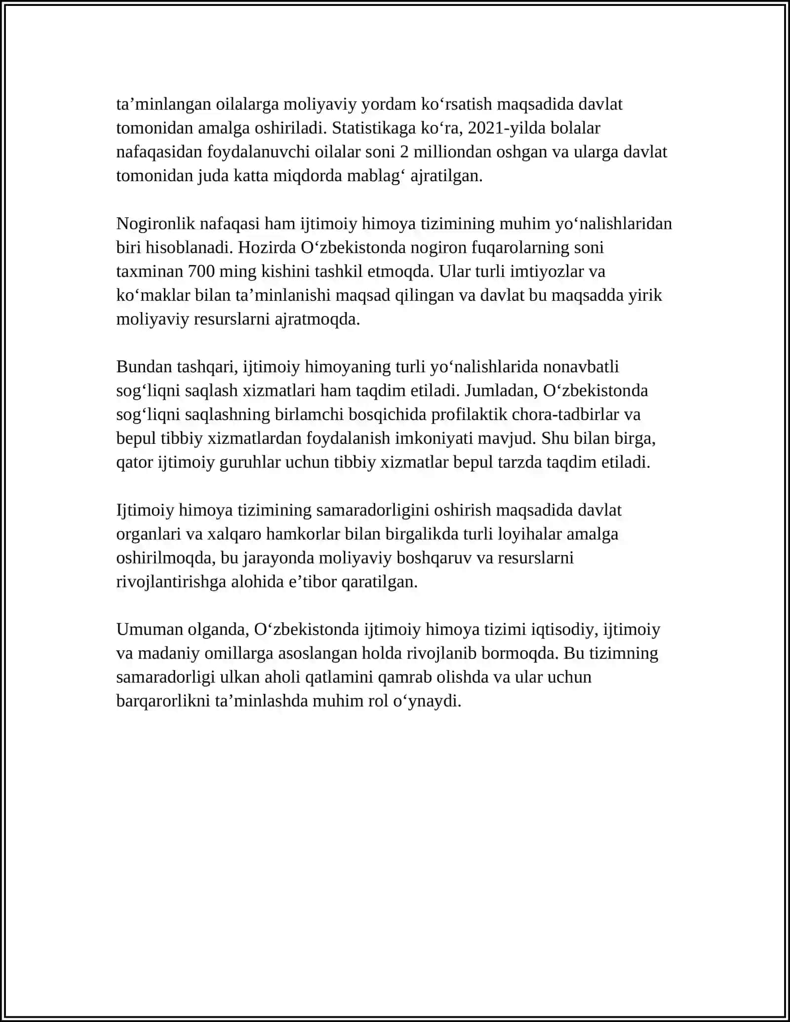 NUKUS INNOVATSION INSTITUTI REFERAT Mavzu: OʻZBEKISTONDA AHOLINI IJTIMOIY HIMOYA QILISH TIZIMI VA DAVLATNING IJTIMOIY SIYOSATI 4