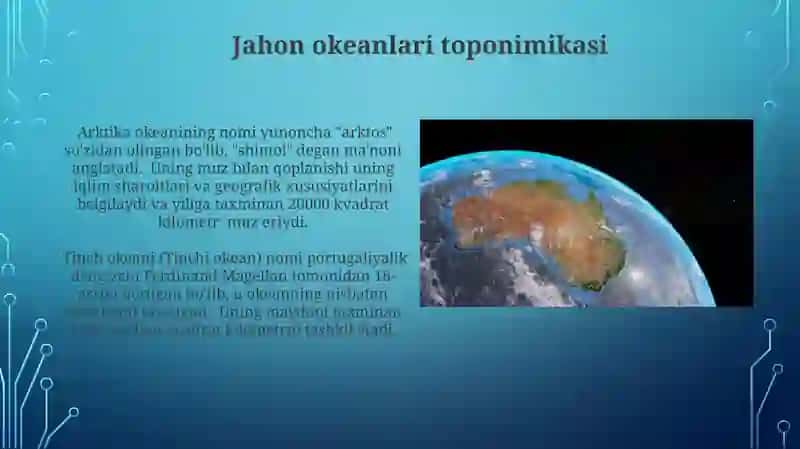 Mintaqaviy toponimika. Qitʼalar va dunyo okeanlari nomlari 4