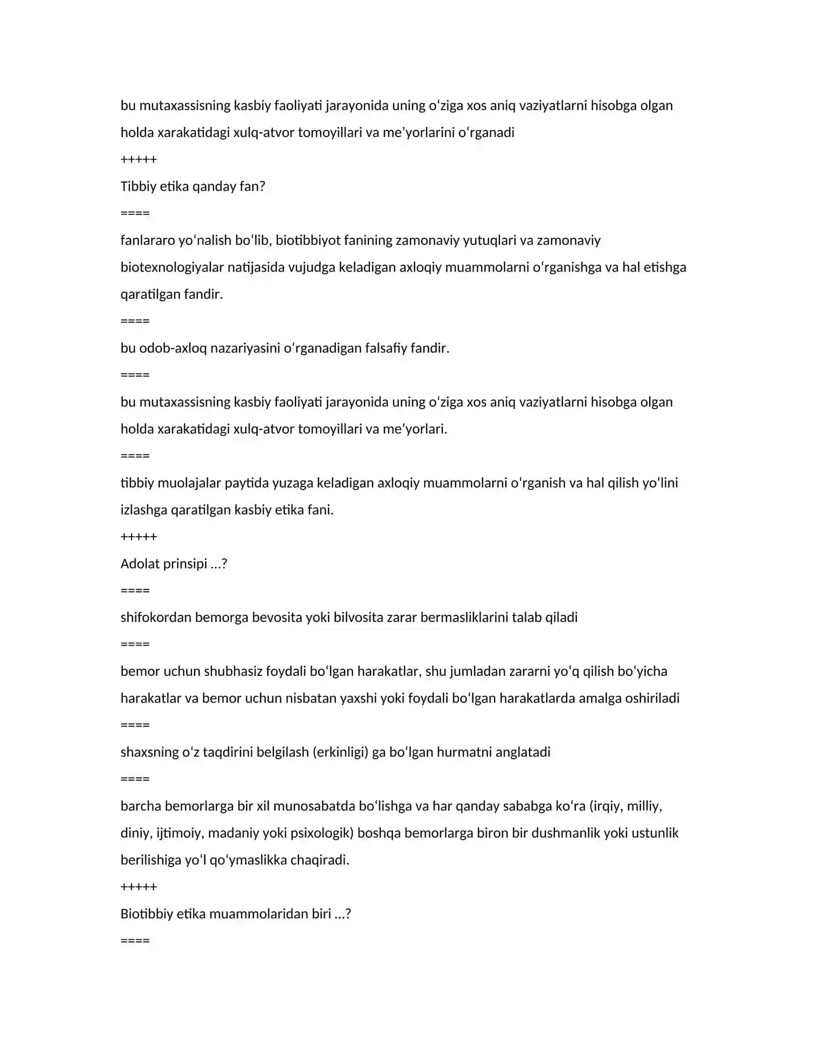 BIOETIKA TEST SAVOLLARI (O'ZBEKCHA) 4