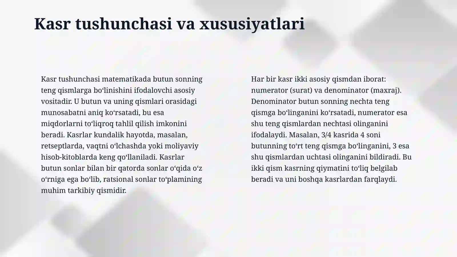 Ulush va kasr tushunchasi bilan tanishtirish metodikasi. Kasr. Sonning kasr qismi va kasrga koʻra sonni topishga doir masalalar yechish. Aralash kasrlar va ular ustida amallar bajarish. Oʻnli kasr. 4