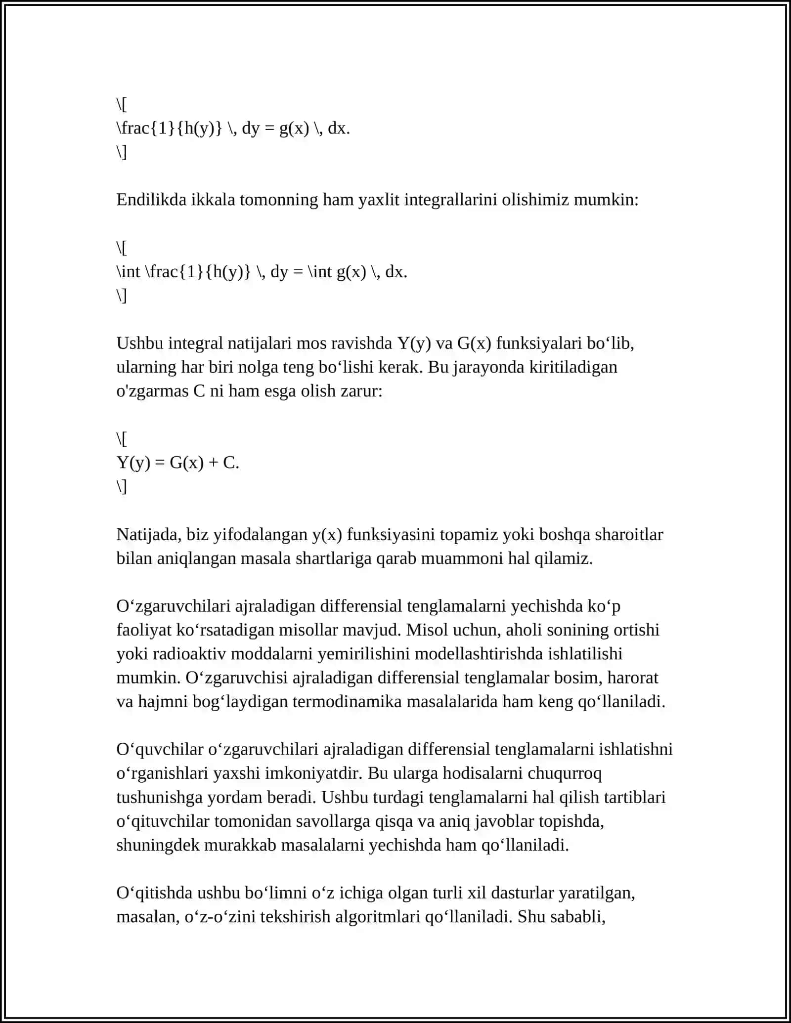 OʻZGARUVCHILARI AJRALADIGAN DIFFERENSIAL TENGLAMALAR VA ULARNI YECHISH 4