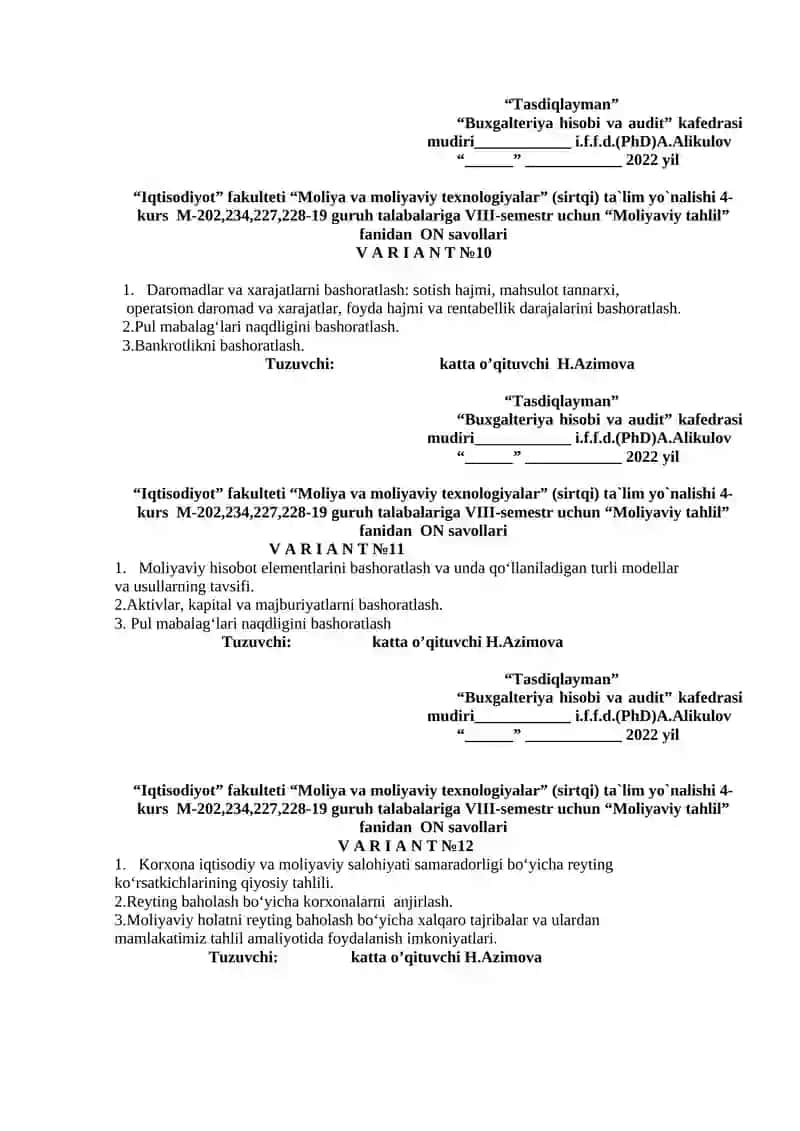 Moliyaviy tahlil fanidan ON savollari 4