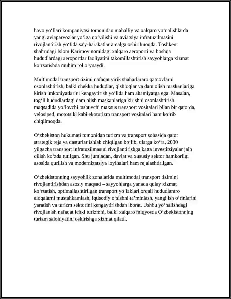 Oʻzbekistonning mashhur sayyohlik zonalarida, TRANSPORT INFRATUZILMASINI RIVOJLANTIRISH ISTIQBOLLARI 4