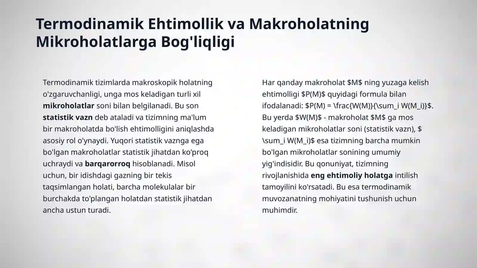 Sistemaning mikroholatlari. Termodinamik ehtimollik. Statistik vazn 4