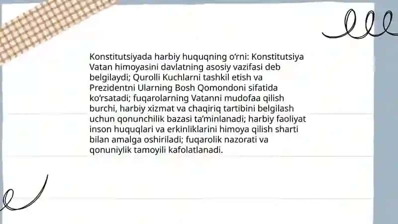 Harbiy huquqning Oʻzbekiston Respublikasi Qurolli Kuchlaridagi ijtimoiy roli, huquqning manba'lari va mohiyati, Oʻzbekiston Respublikasida qonunchilikning asosiy hususiyatlari, Harbiy huquq haqida tushuncha va uning Oʻzbekiston Respublikasi tizimidagi omi, Oʻzbekiston Respublikasi Konstitutsiyasi Vatan himoyasi 4