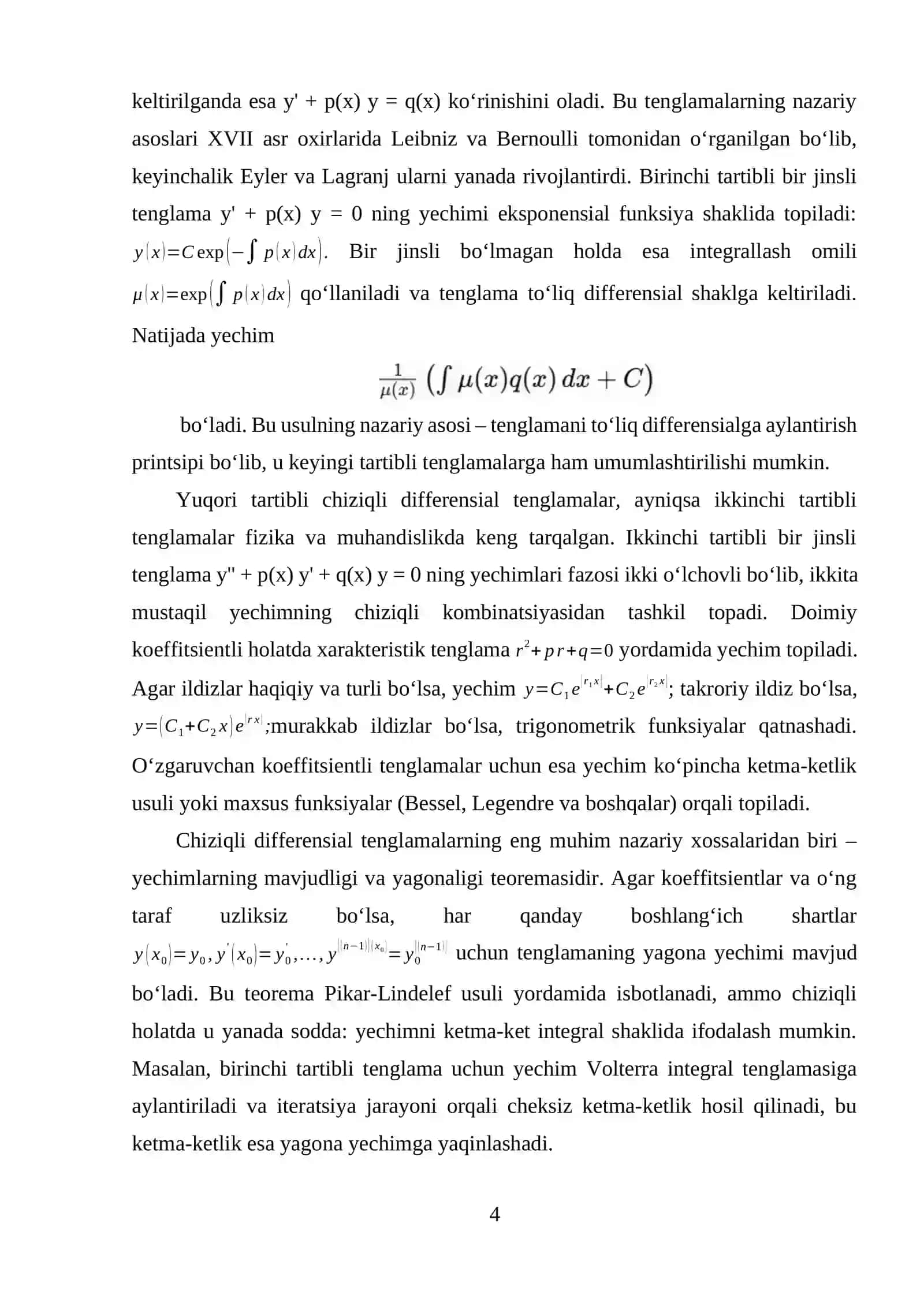 Chiziqli differensial tenglamalar va uni yechishning Lagranj usuli. 4