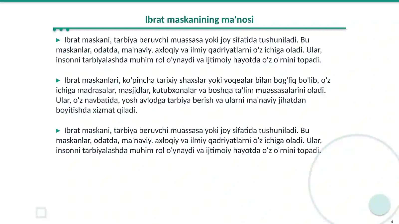 Tarbiya fanidan: Ibrat maskani 4