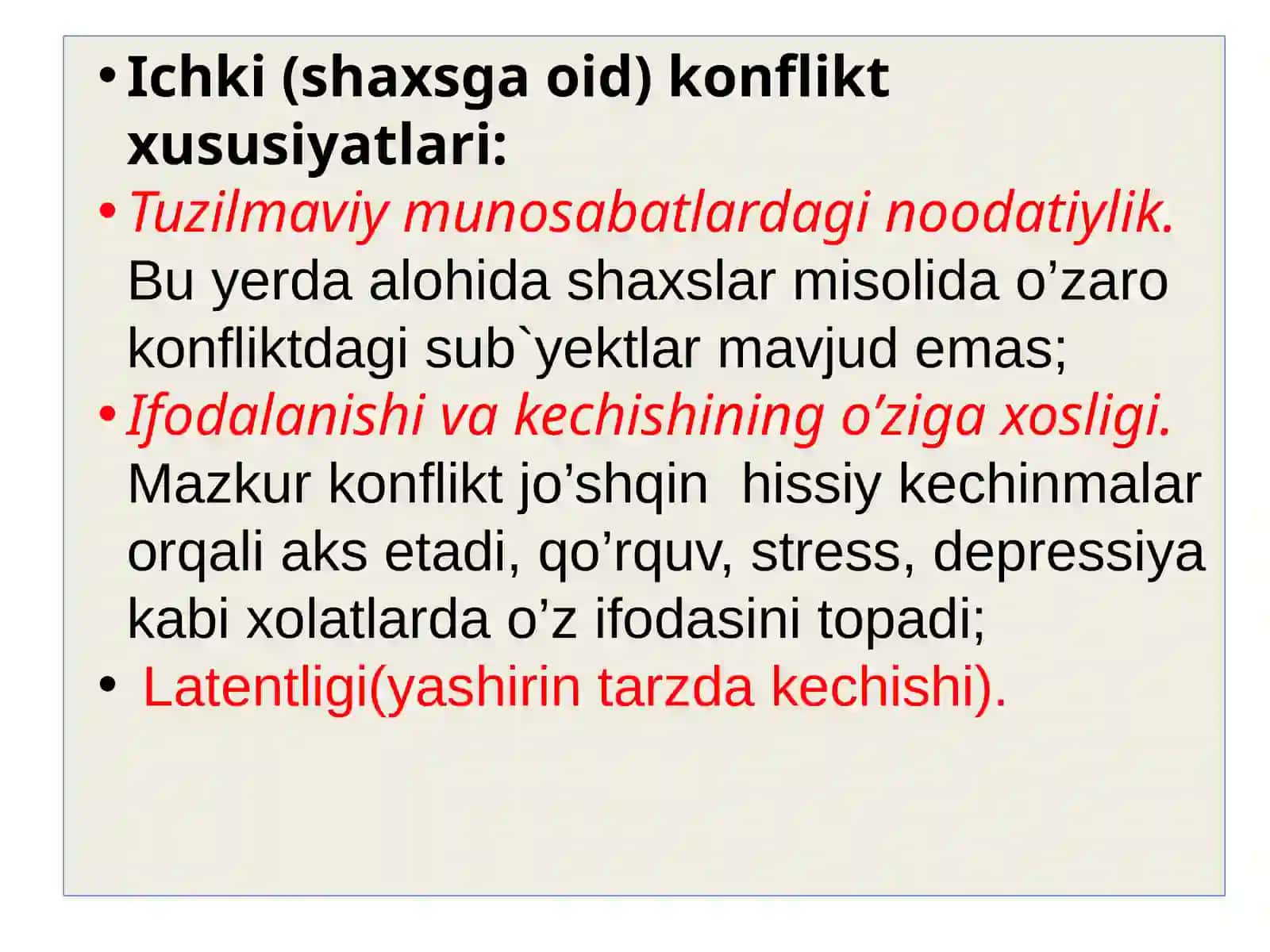 Alohida shaxsning o’ziga tegishli(ichki) nizolar 4