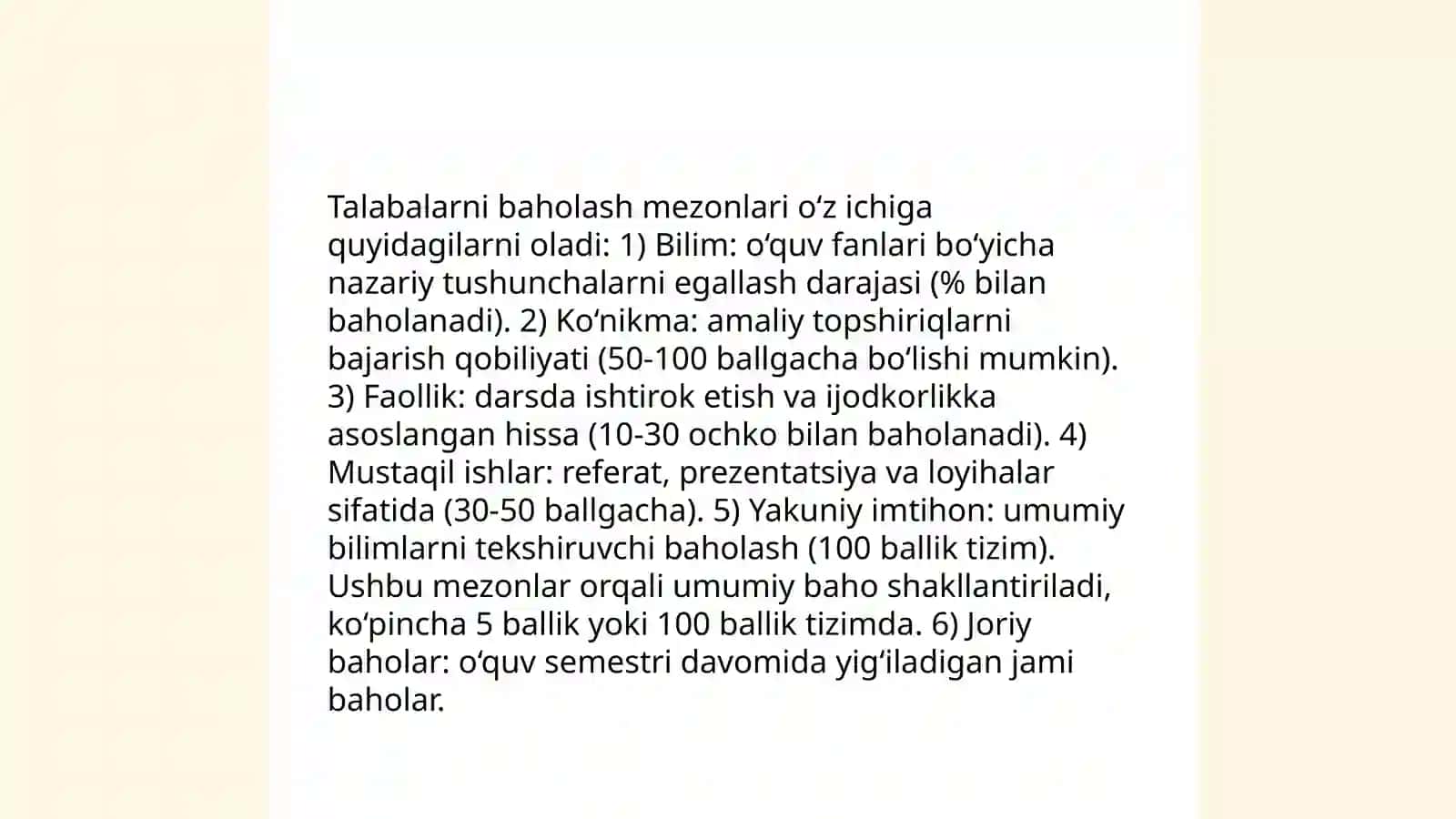 Bilim, ko'nikma va malakalarni baholash mezonlari 4