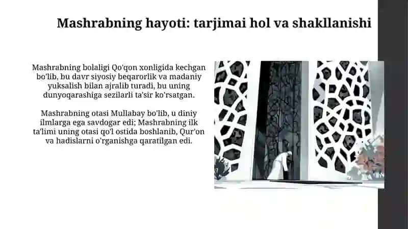 Mashrabning hayoti ijodi va uning oʻrni 4