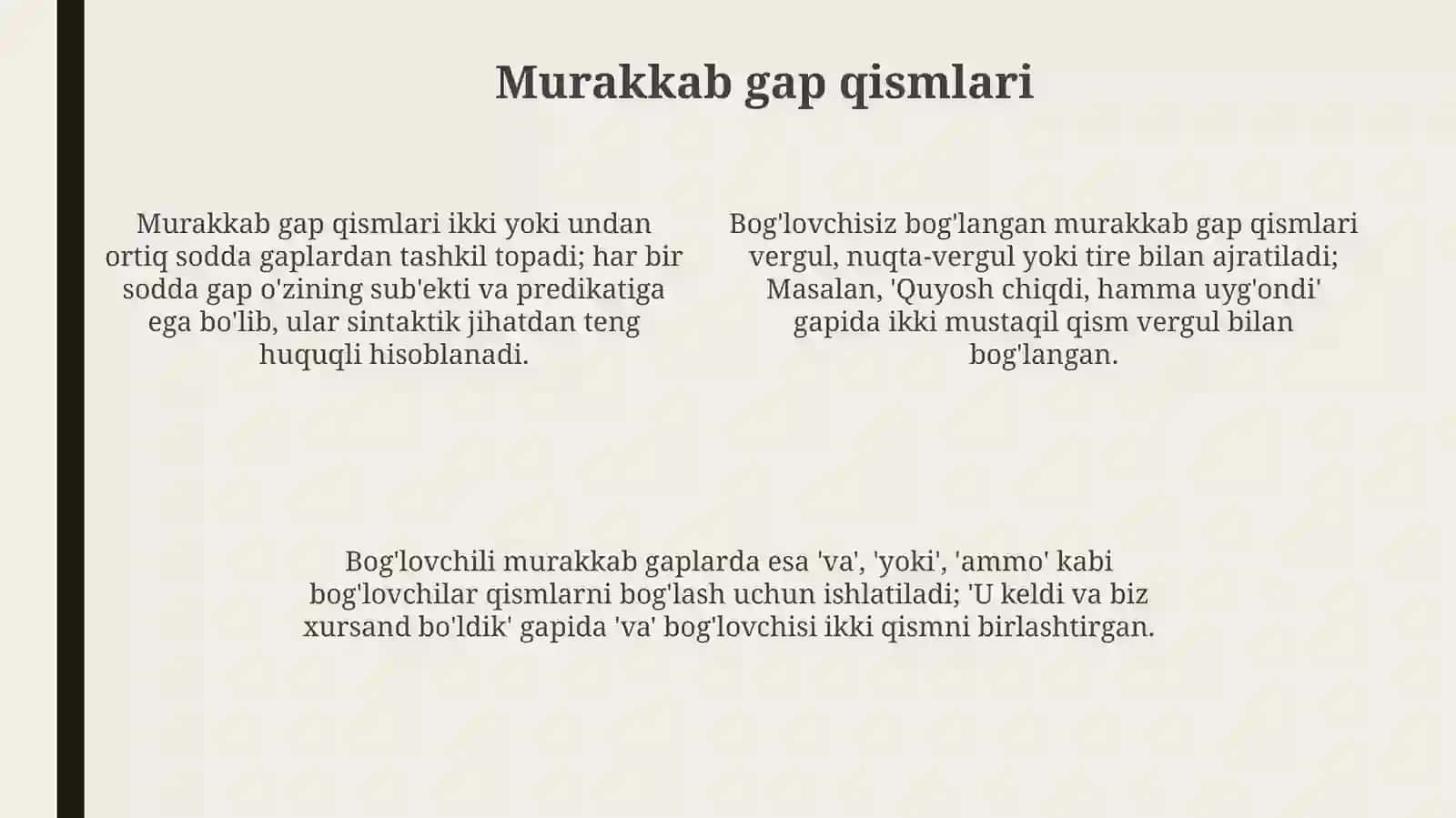 Qoʻshmagap qismlari orasida tinish belgilarining qoʻllanishi 4
