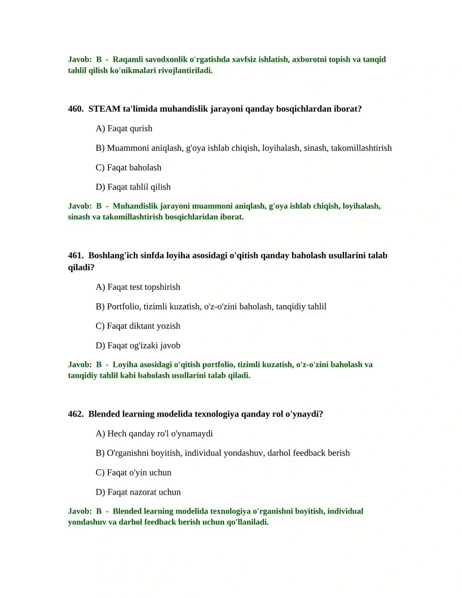 BOSHLANG'ICH TA'LIM O'QITUVCHISI TEST SINOVLARI 4