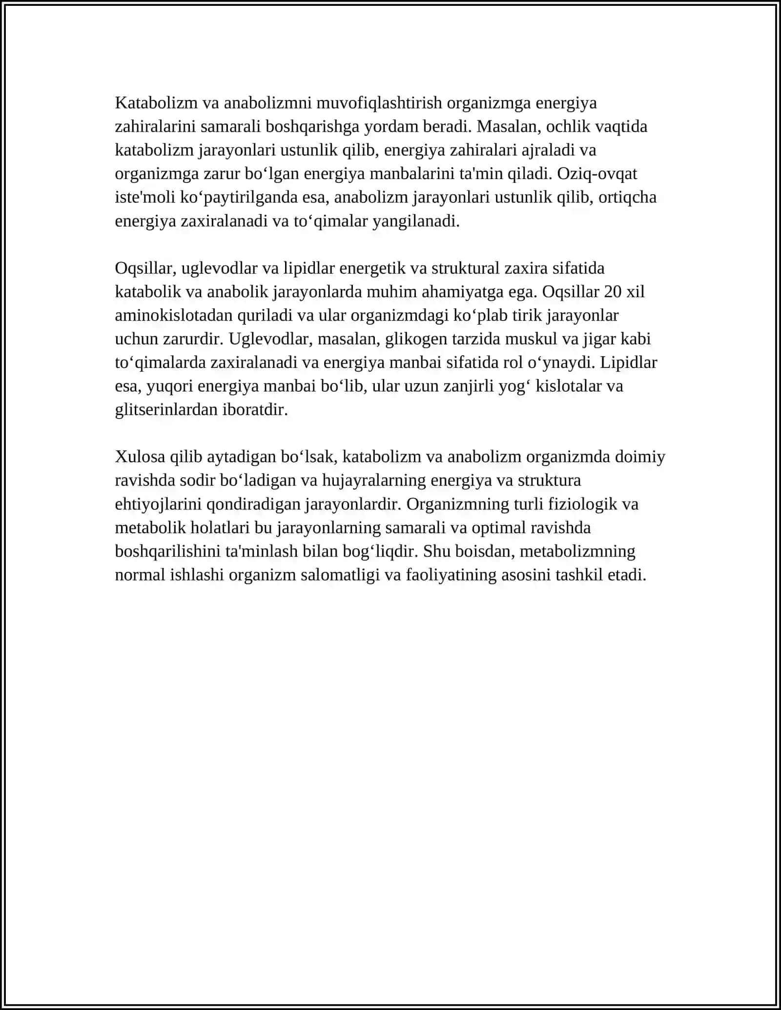 KATABALIZM VA ANABALIZM.UNING NORMAL VA POTOLOGIK HOLATLARDAGI ÕZGARISHLARI 4