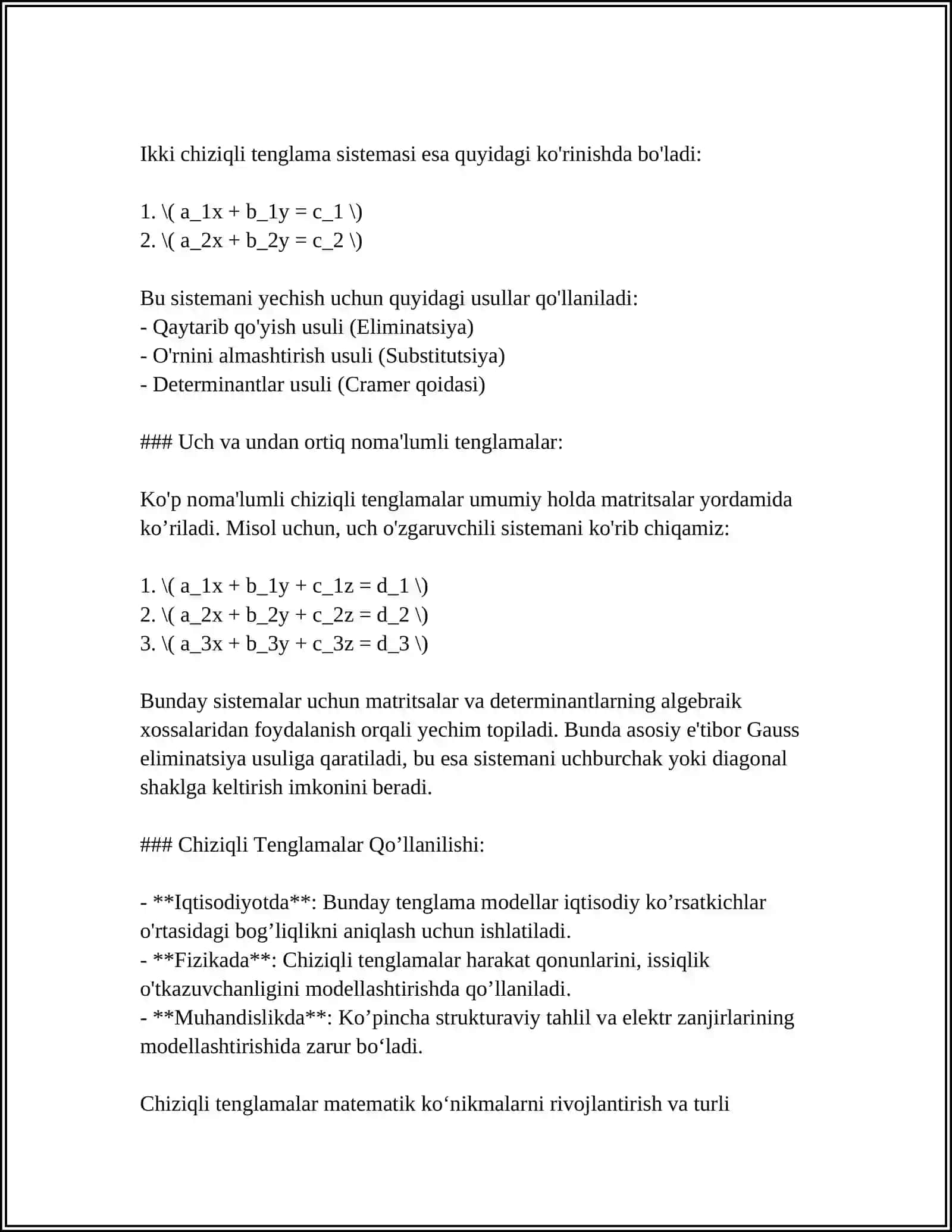 TEKSLIKDA TOʻGʻRI CHIZIQLI TENGLAMALAR 4
