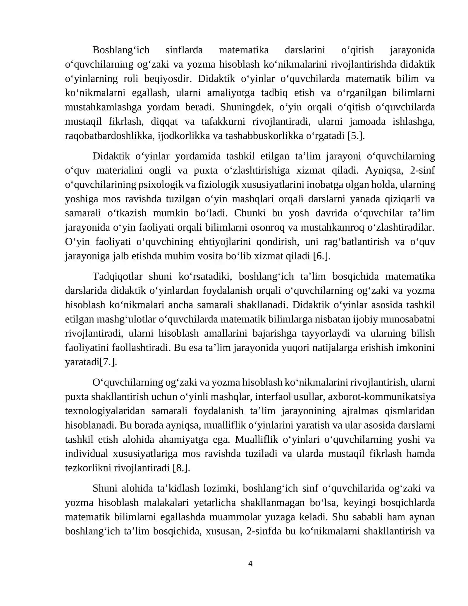 Boshlang'ich sinflarda matematikadan og'zaki va yozma hisoblashga doir didaktik o'yinlar tizimini ishlab chiqish metodikasi (2- sinf misolida) 4