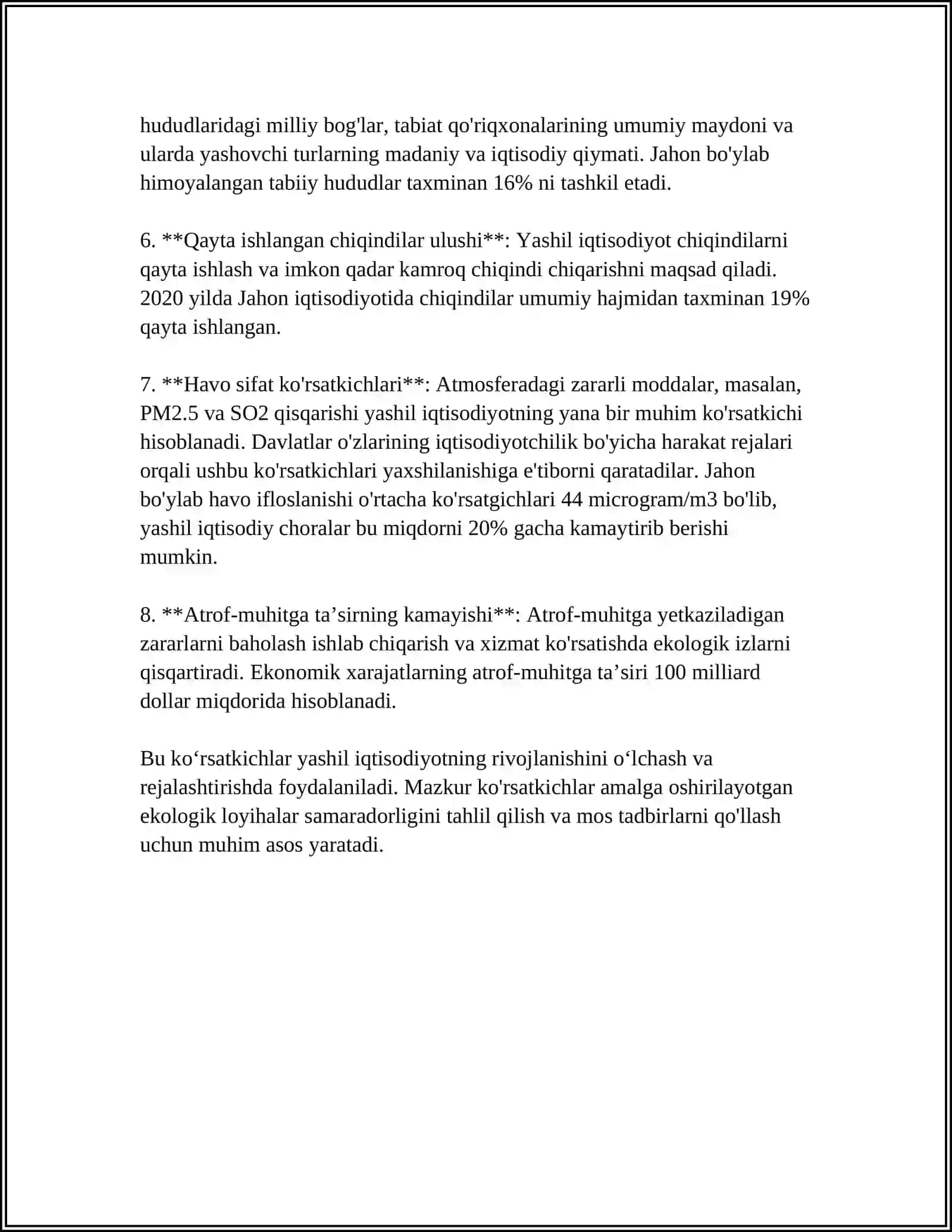 “YASHIL IQTISODIYOT”NI TAVSIFLOVCHI KO’RSATKICHLAR TIZMINI 4