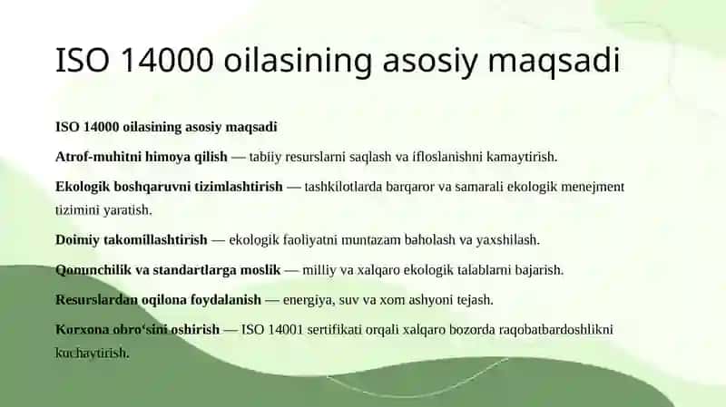 ISO 14000 standartiga kiritilgan asosiy standartlar 4