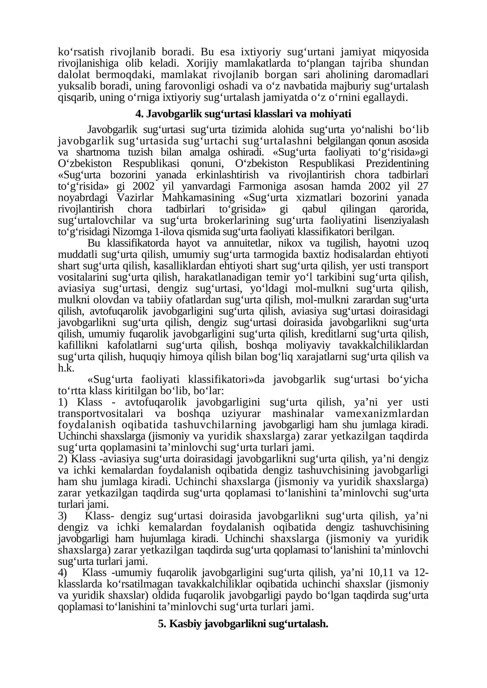 Sug‘urta ishining klassifikatsiyasi. Javobgarlik sug‘urtasi 4