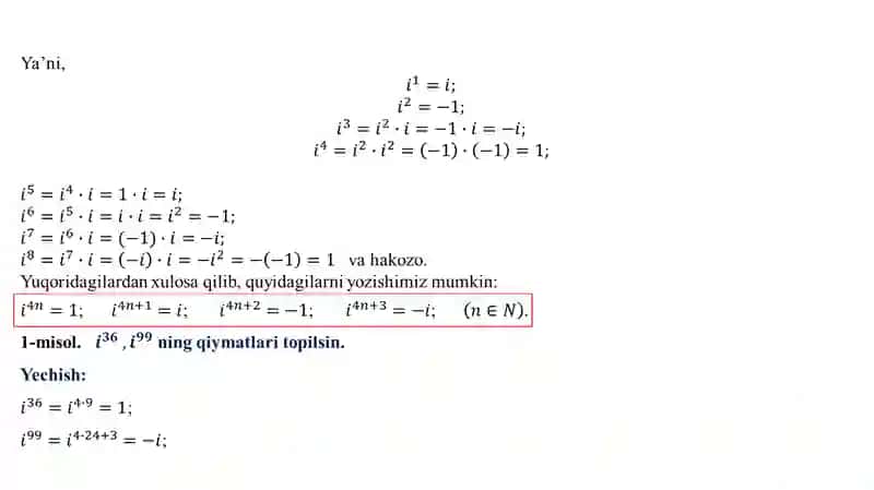 Hisob (Calculus) faniga kirish. Kompleks sonlar. Kompleks sonlar ustida amallar. Kompleks sonning algebraik, trigonometrik va ko‘rsatkichli shakli. Asosiy ta’rif va tushunchalar 4