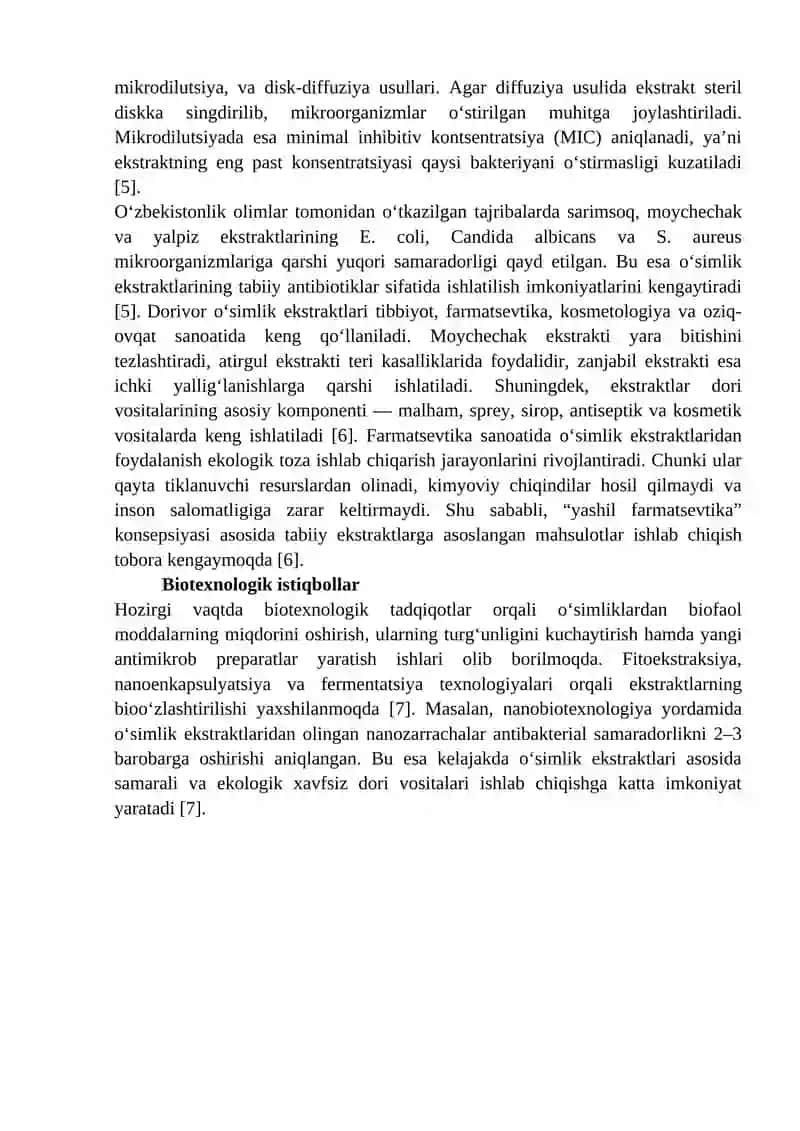 ANTIMIKROB XUSUSIYATGA EGA O‘SIMLIK EKSTRAKTLARINI TAYYORLASH VA ULARNI SINASH 4