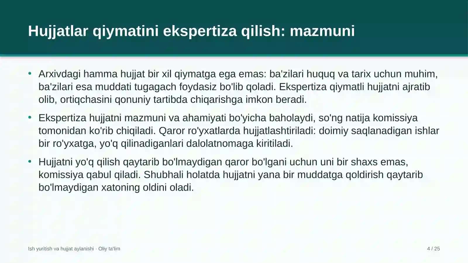 oliy ta'lim muassasalarida hujjatlar qiymatini ekspertiza qilish 4572 4