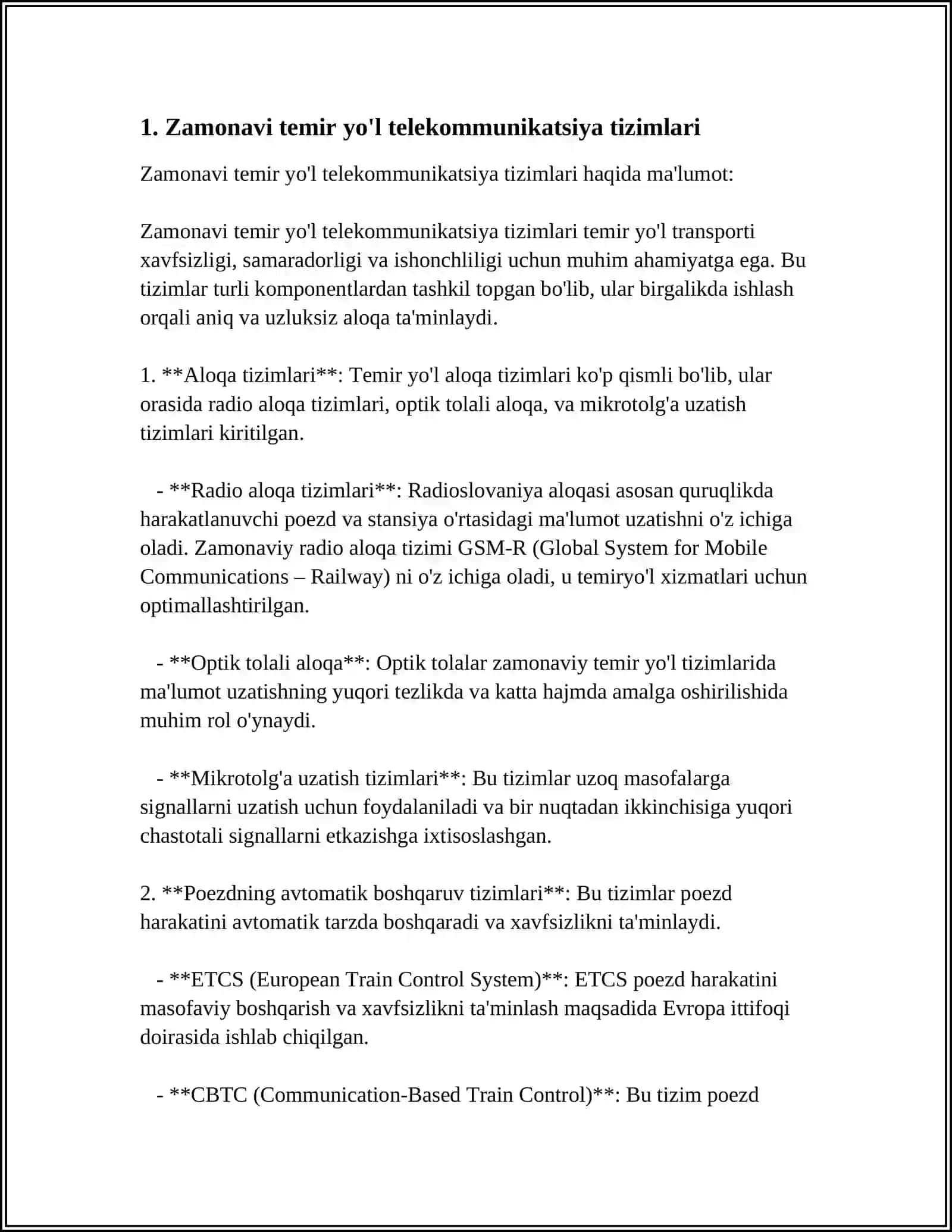 ZAMONAVIY TEMIR YO'L TRANSPORTIDA TELEKOMMUNIKATSIYA TIZIMLARINI TASHKIL ETISH 4