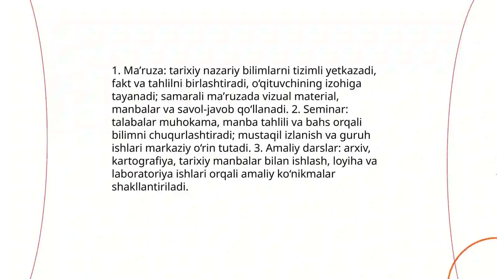 Tarix oʻqitishni tashkil etish shakllari.Dars uning turlari va tuzulishi 4