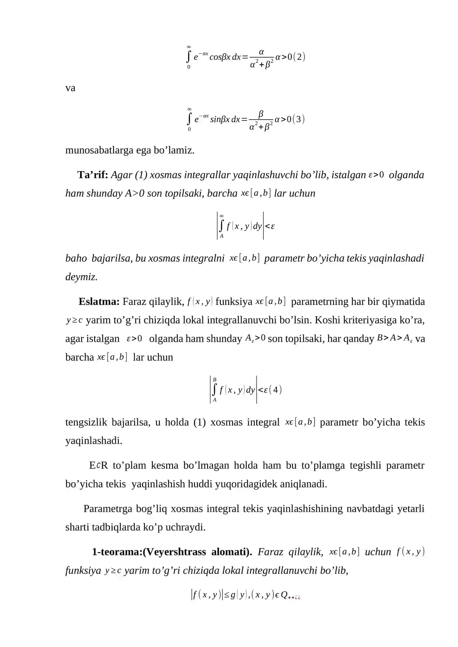 Parametrga bog’liq xosmas integrallar 4