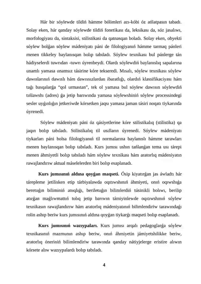 KURS JUMISI SÓYLEW TEXNIKASI ARATORLIQ MÁDENIYATI 4