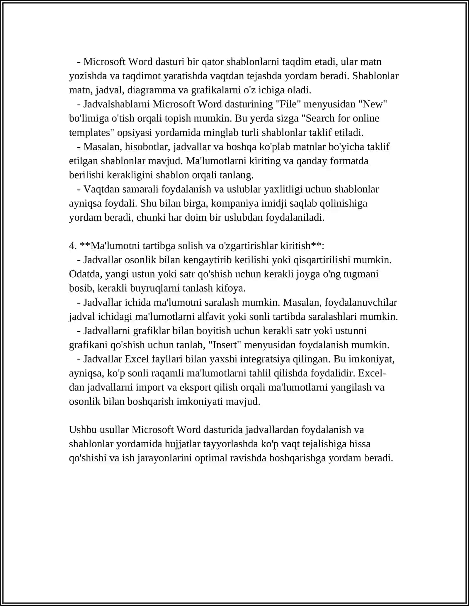 WORD DASTURIDA JADVAL, MATN RASM USTIDA ISHLASH 4