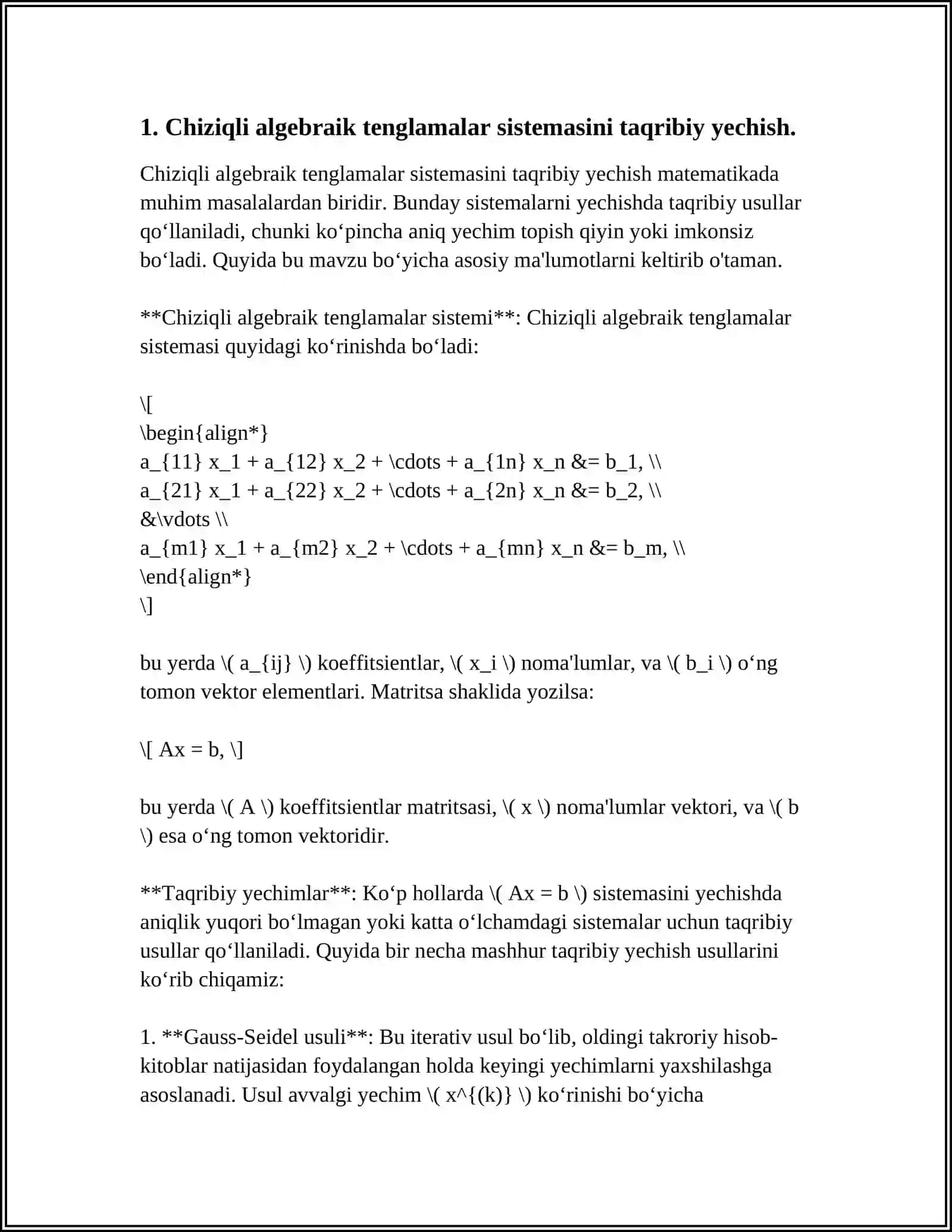 Chiziqli Algebraik Sistemalarini Taqribiy Yechish 4