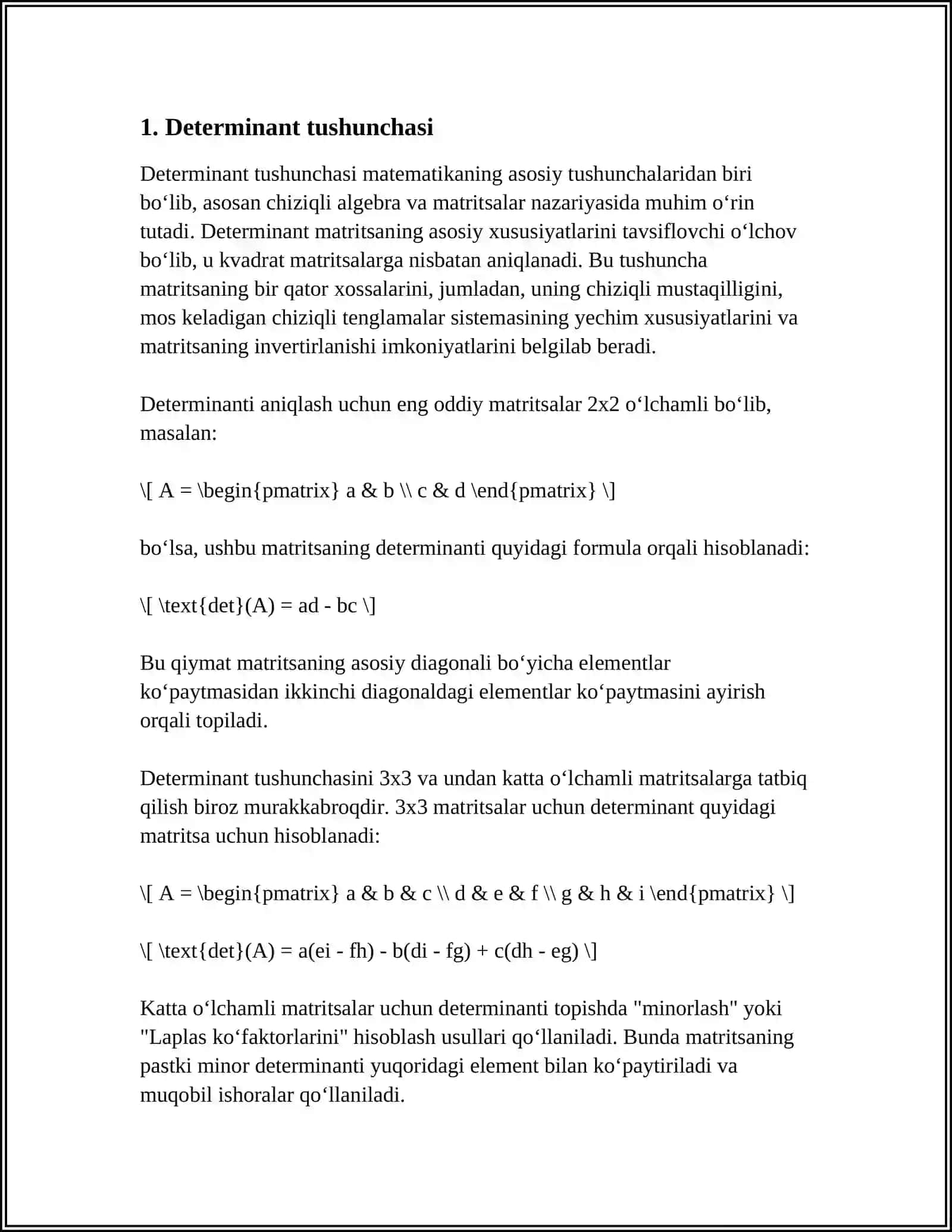 YUQORI TARTIBLI DETERMINANTLARNI HISOBLASHGA DOIR MISOLLAR YECHISH 4