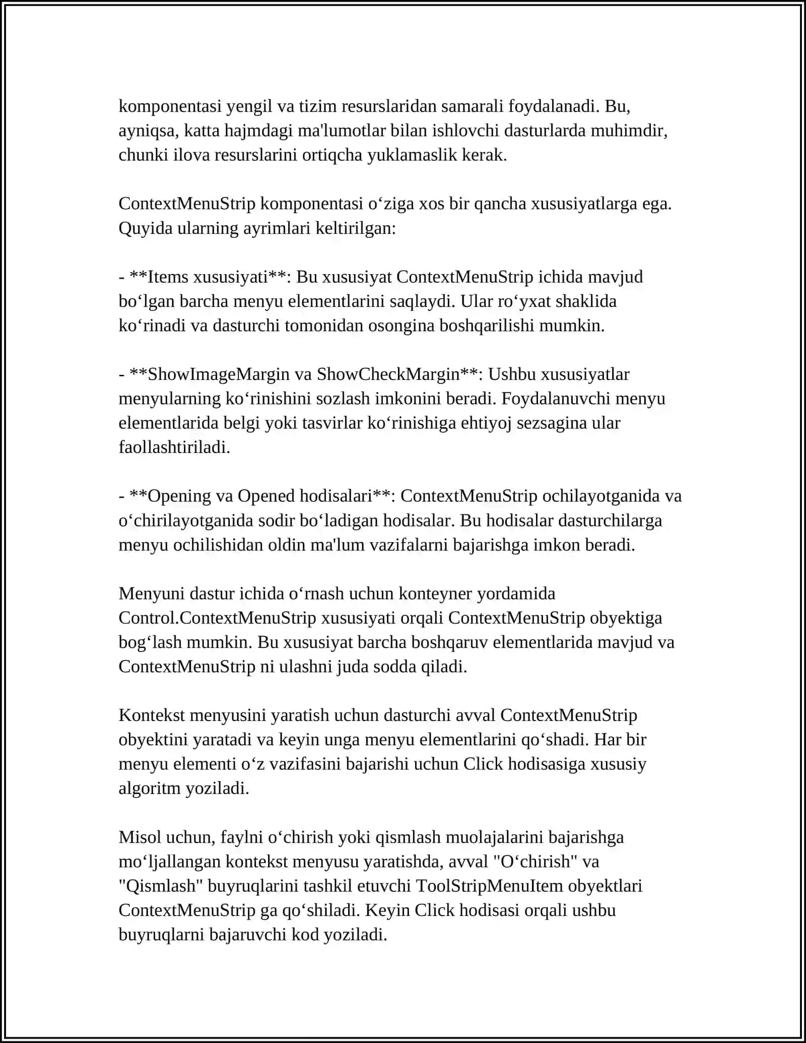 CONTEXTMENUSTRIP KOMPONENTASIDA XOSSALAR VA HODISALAR. HODISALAR ISHLAB CHIQISH 4