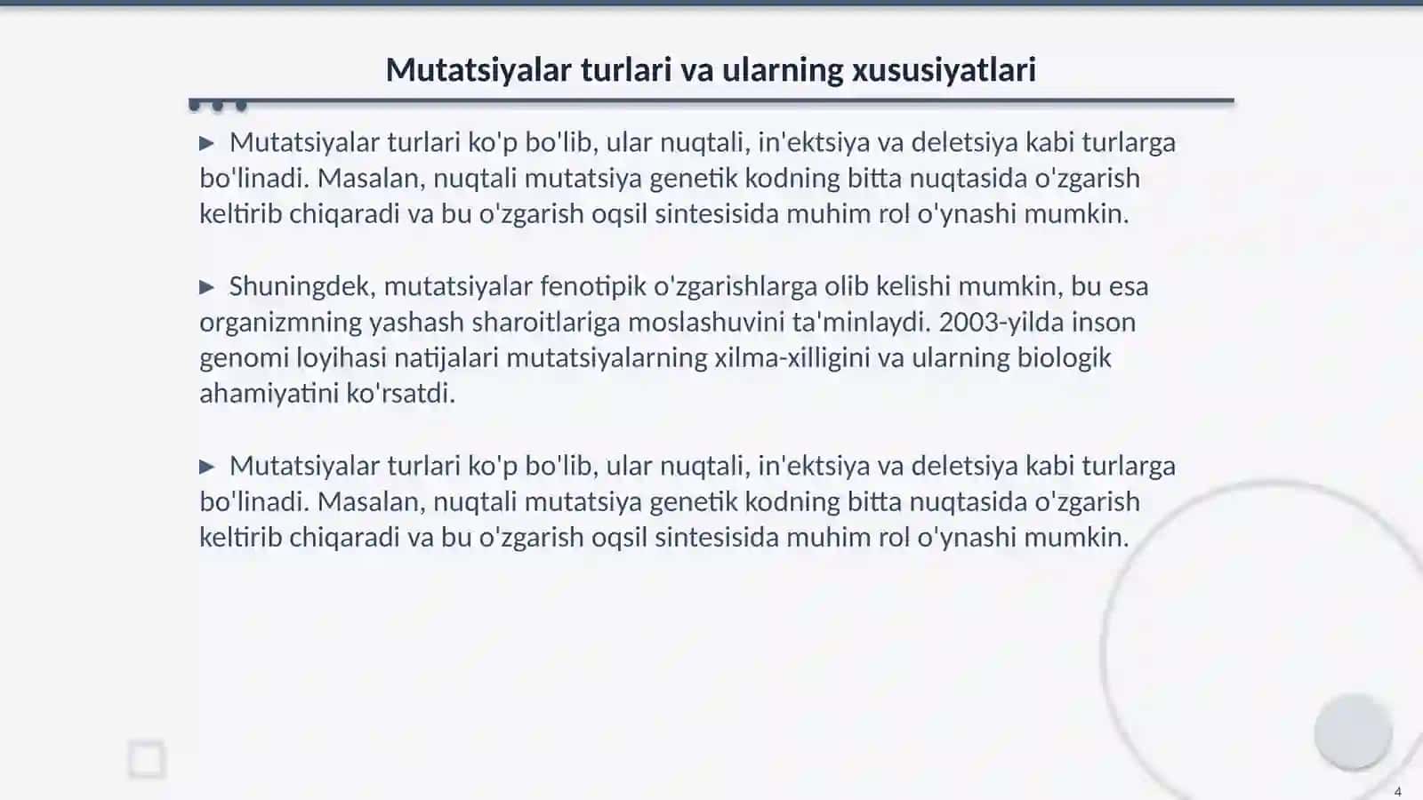 Mutatsion o'zgarishlar va ularning turlari 4