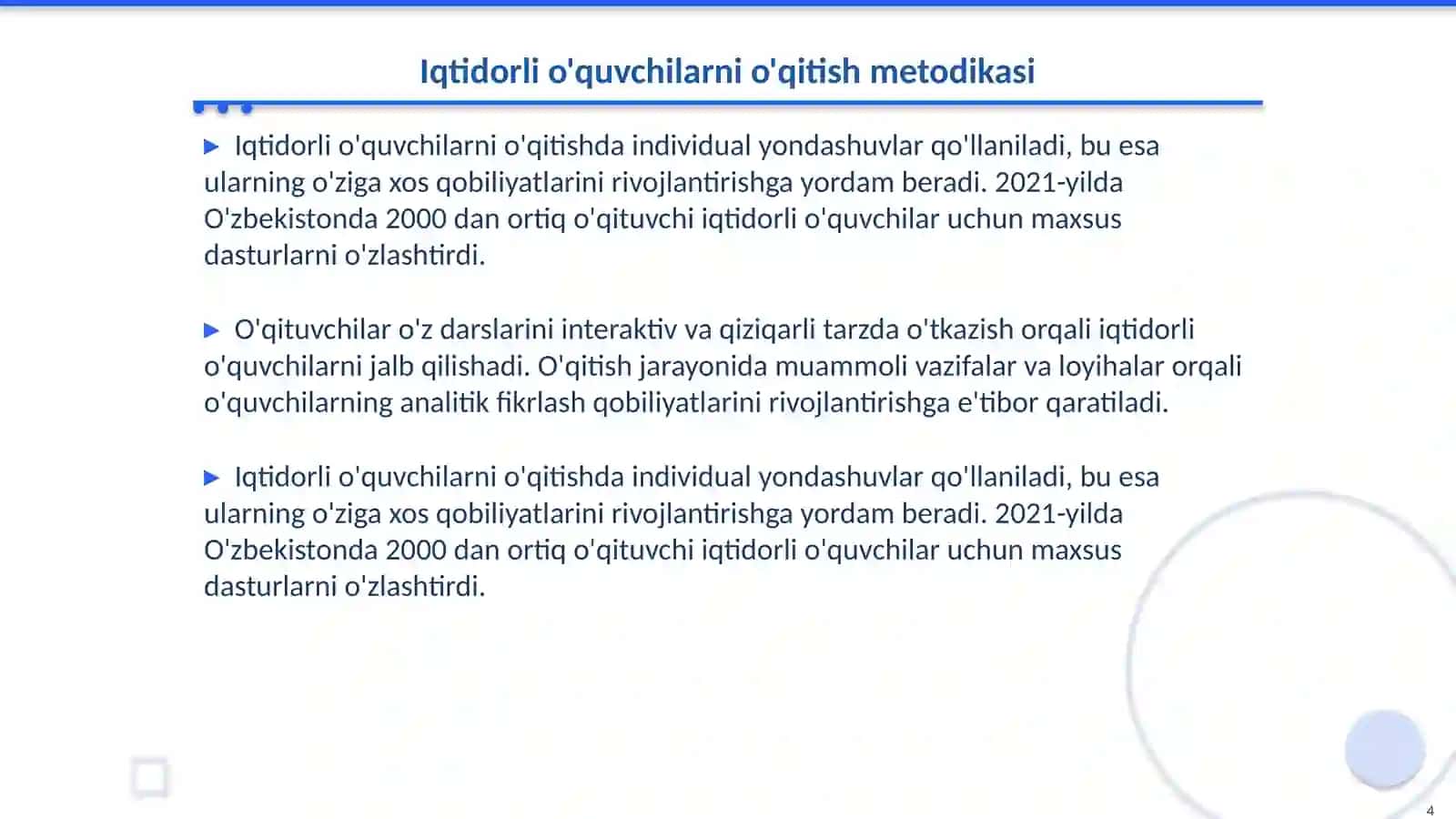 Iqtidorli o'quvchilarni o'qitish 4