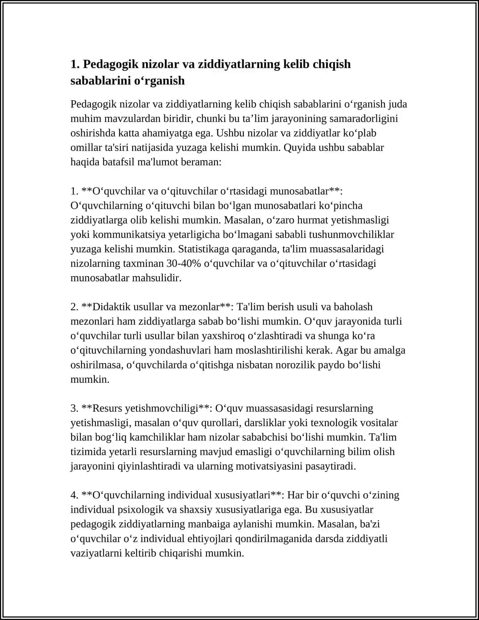 MUSTAQIL ISH Mavzu: ÒQITUVCHILIK KASBIY FAOLIYATIDA PEDAGOGIK NIZOLAR VA ZIDDIYATLAR.ULARNI BARTARAF ETISHNING PEDAGOGIK PSIXOLOGIK TALQINI 4