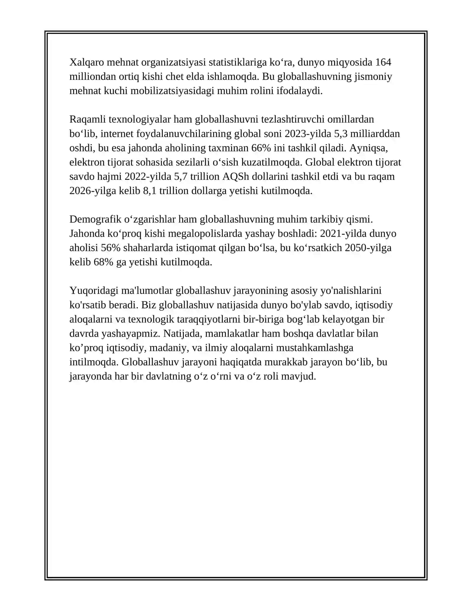 GLOBALLASHUV JARAYONINI RIVOJLANISH YO’NALISHLARI: BOZORLARNI GLOBALLASHUVI VA TOVARLARNI GLOBALLASHUVI 4