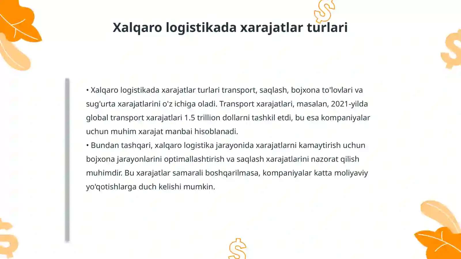 Xalqaro logistikada xarajatlarni boshqarish 4