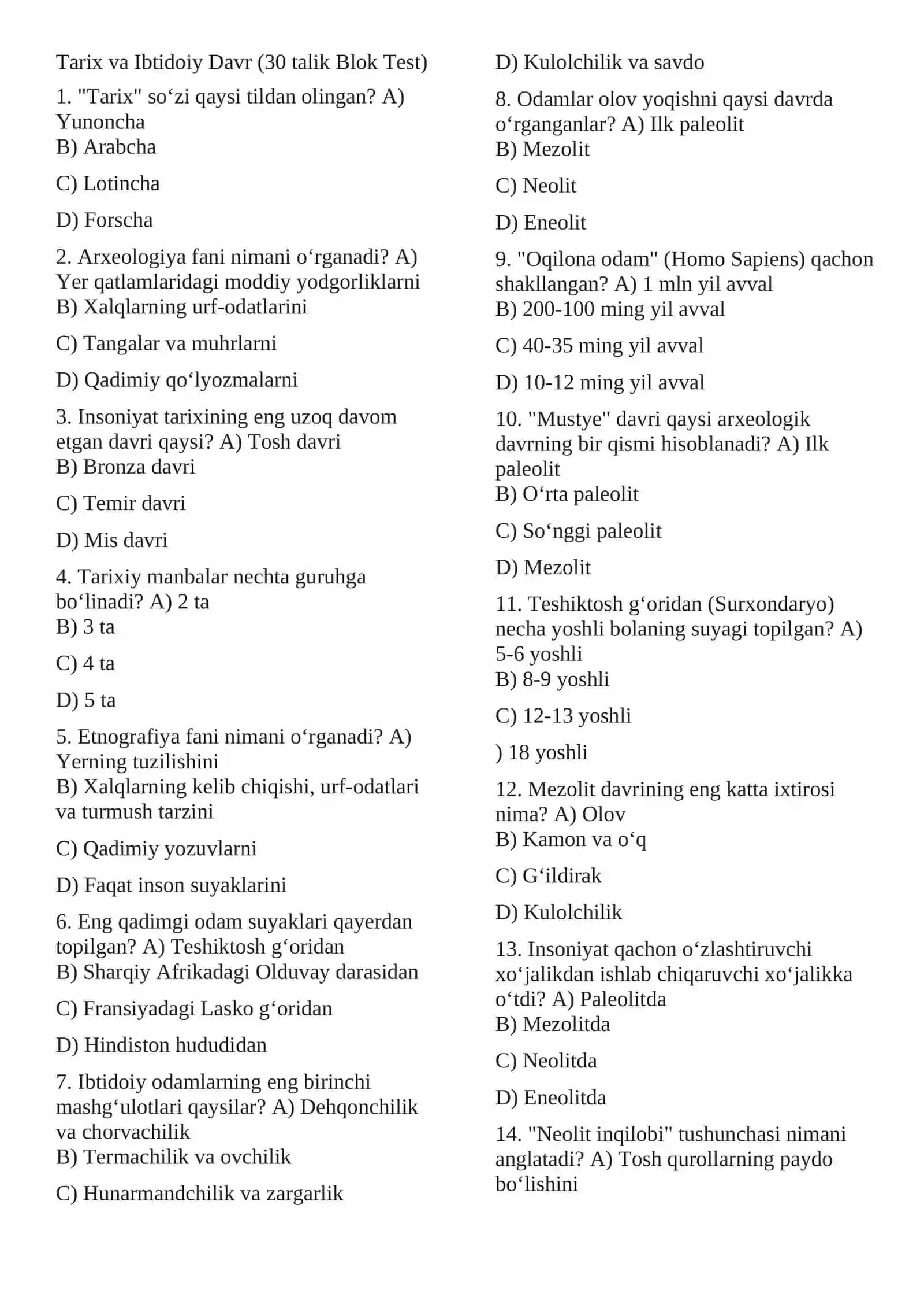 Tarix va Ibtidoiy Davr (30 talik Blok Test) 4