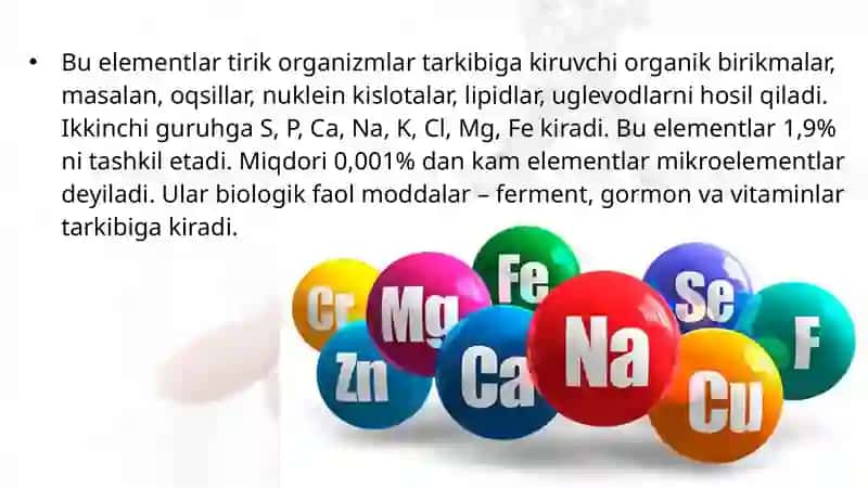 Tirik organizmlarning kimyoviy tarkibi va uning doimiyligi 4