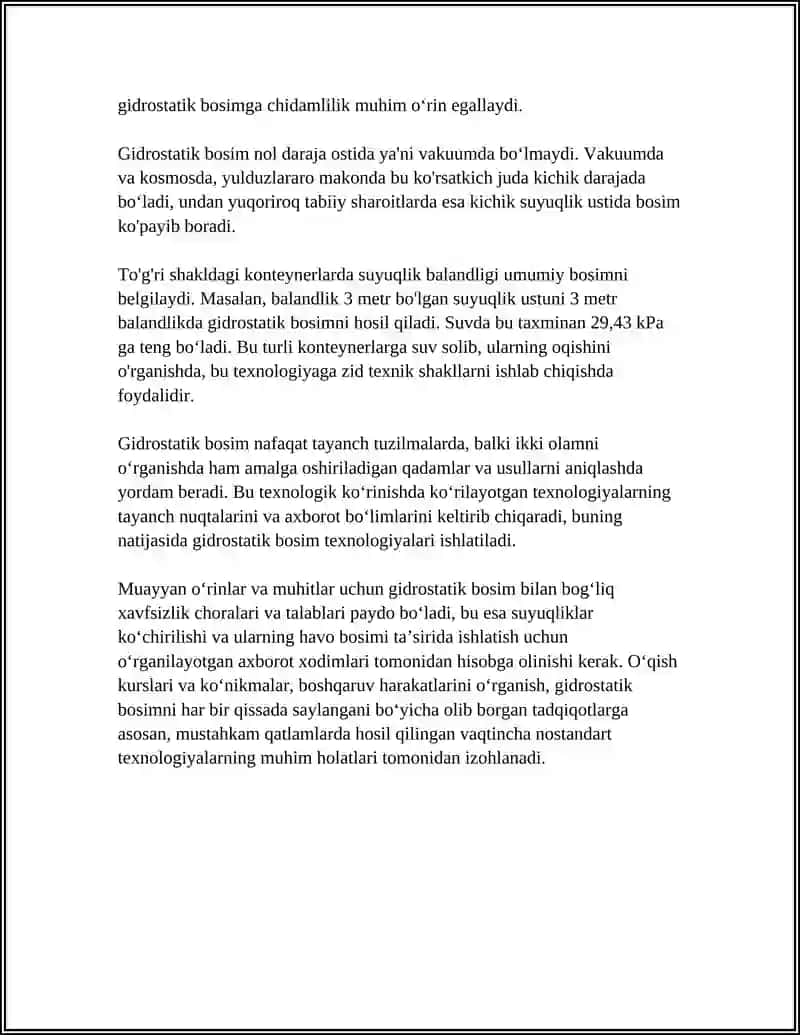 MUSTAQIL ISH Mavzu: GIDROSTATIK SATH OʻLCHAGICHLAR 4